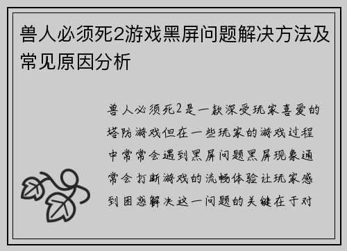 兽人必须死2游戏黑屏问题解决方法及常见原因分析